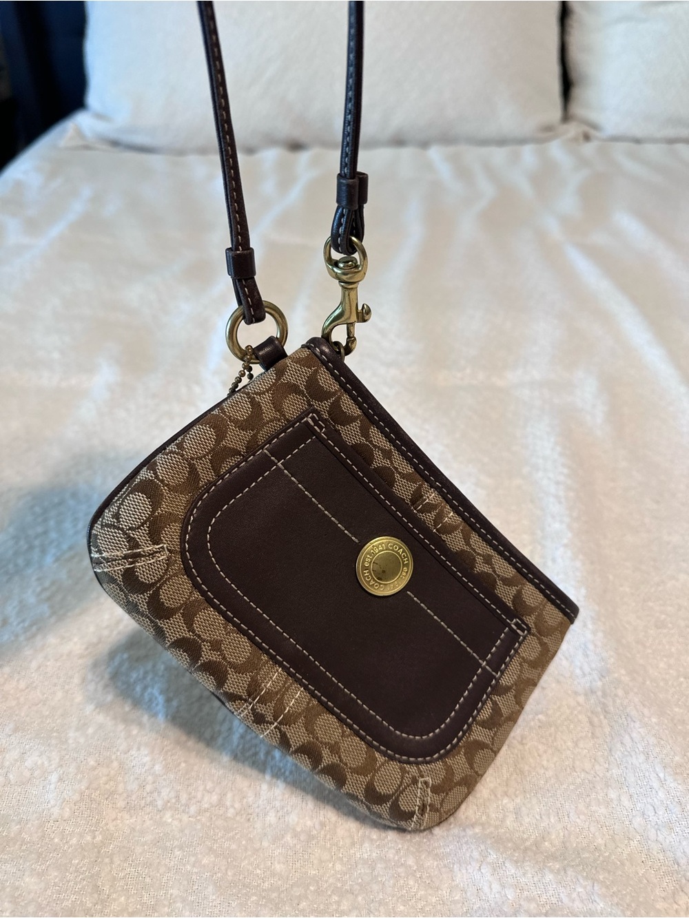 Coach Mini Signature Jacquard Canvas Wristlet in Brown and Dark Brown